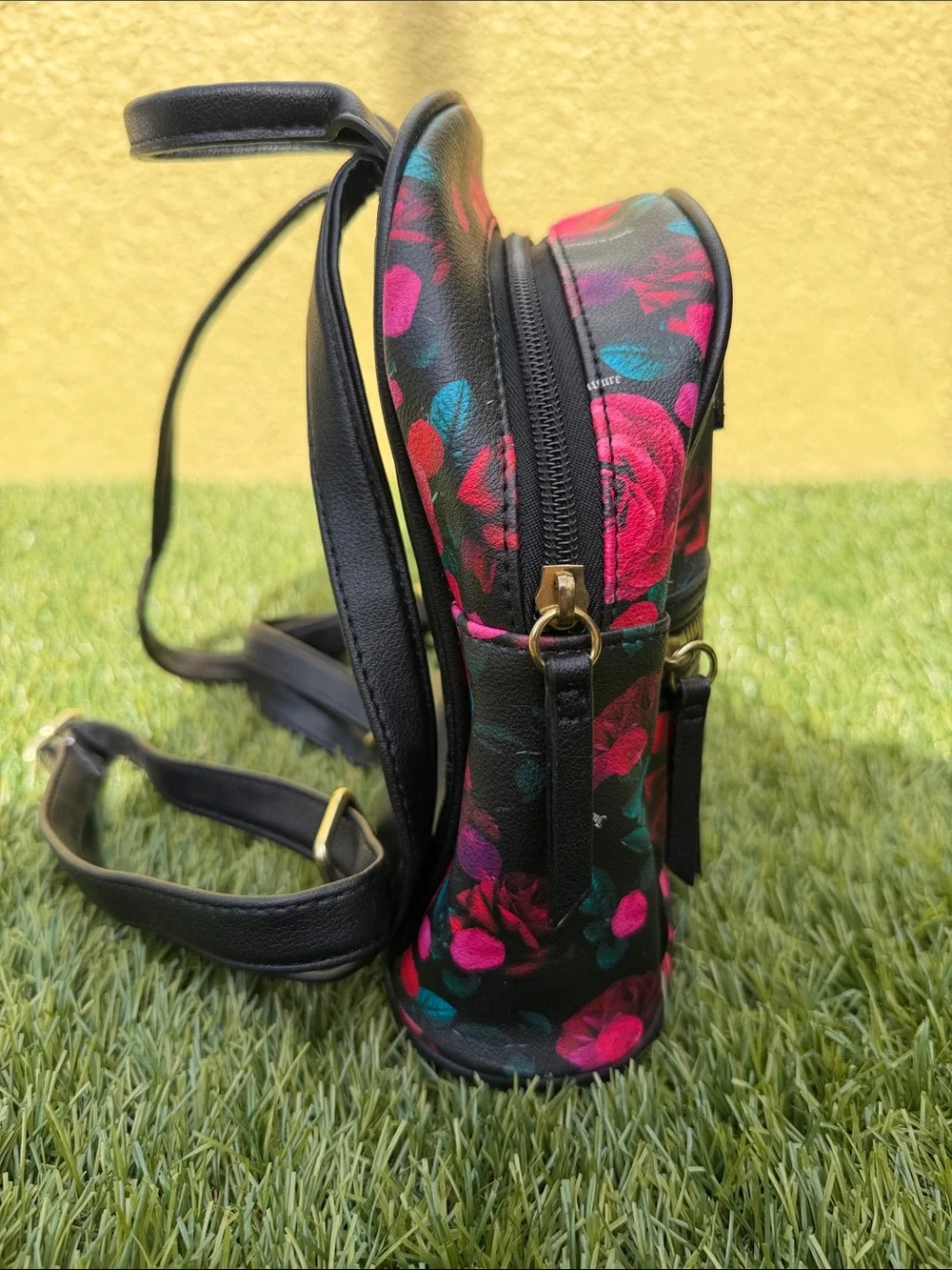 Juicy Couture Black Floral Rose Mini Backpack Y2K Pink Roses Bag Purse OSFA